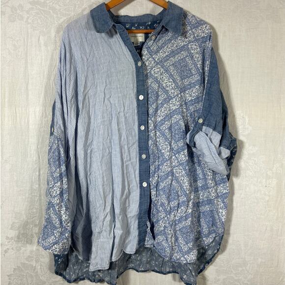 American Eagle Button Up Large Denim Look Floral Patchwork Cotton Linen - Picture 1 of 10